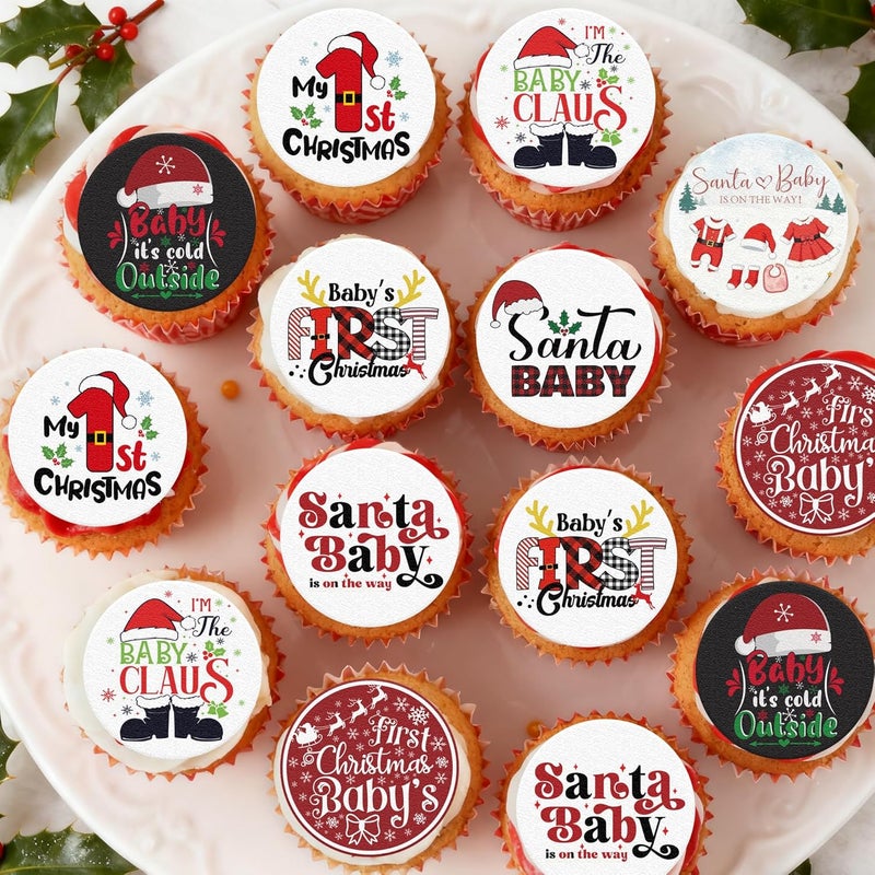 Fyeoxle 36PCS Edible My 1st Christmas Cupcake Toppers Wafer Paper Santa Baby Cupcake Toppers Christmas Cake Picks for Xmas Theme Party Baby Shower Birthday Supplies - Image 3